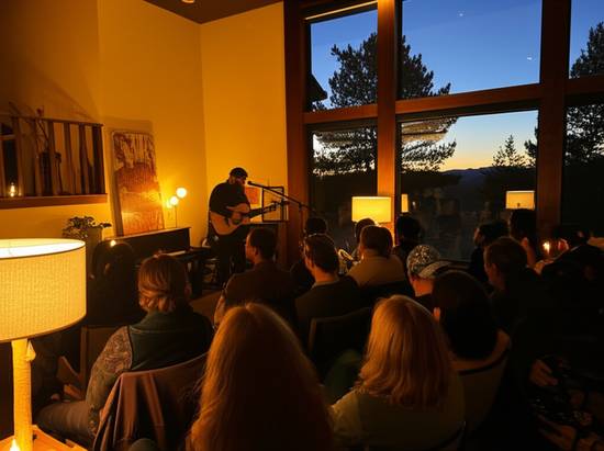 A house concert at dusk — performer by the piano, audience seated in candlelight
