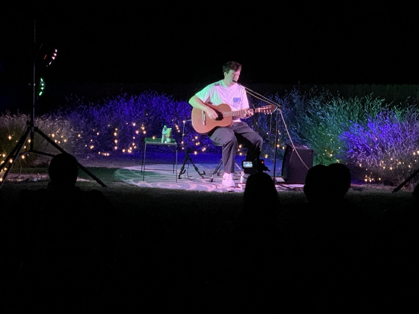 Paul Spring performing at night with string lights
